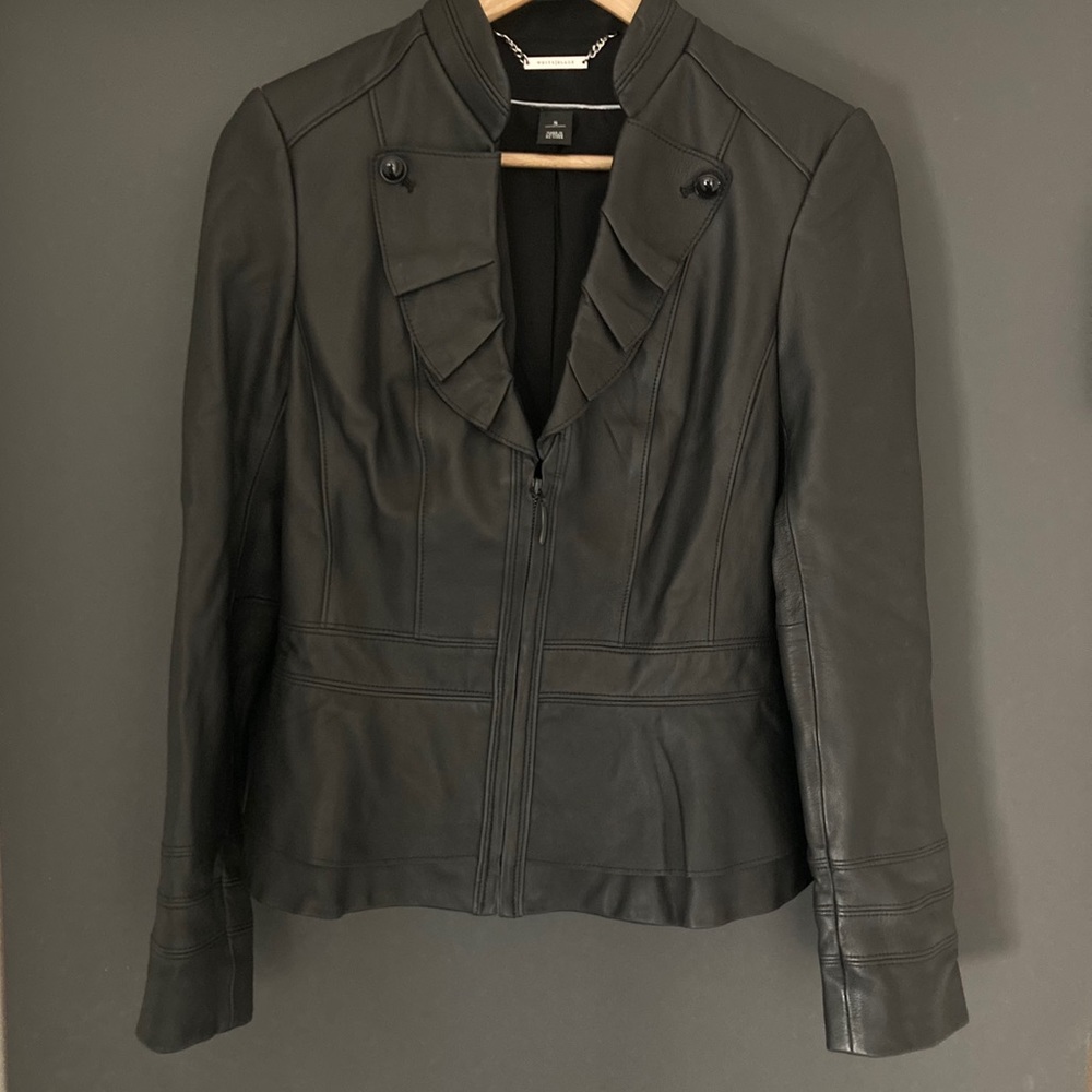 WHBM Black Ruffle Front Fitted Leather Jacket Small
